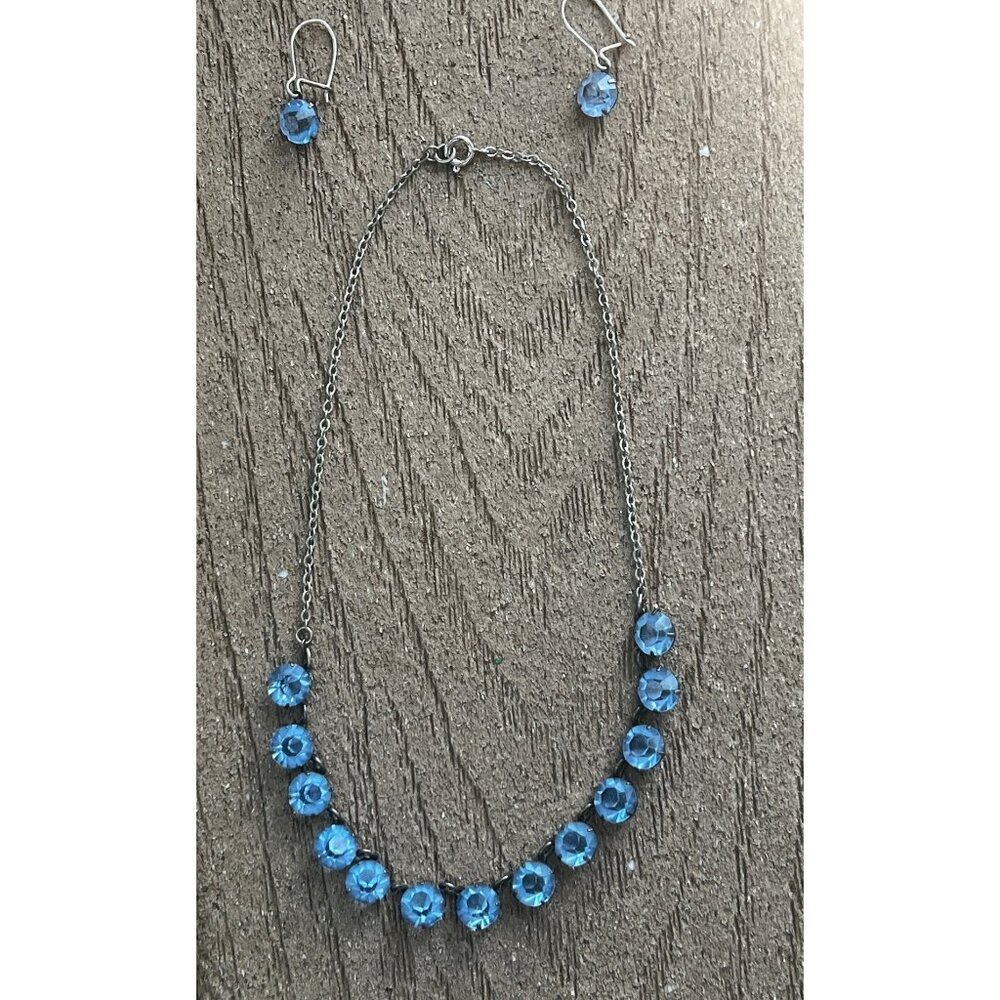 Blue Art DEco Crystal Necklace Choker & Dangle Earrings Set 1930s Open Back Bril